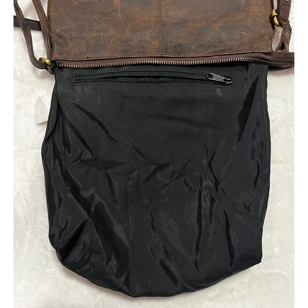 ESTALON Dark Brown Genuine Leather Crossbody Zip Front Pockets Adjustable Strap‎
